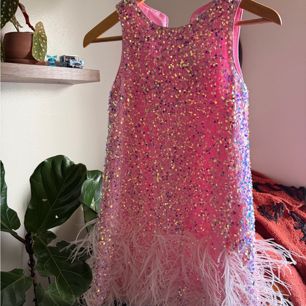 Lola + The Boys Iridescent Pink Sequin Dress with Feather Hem
